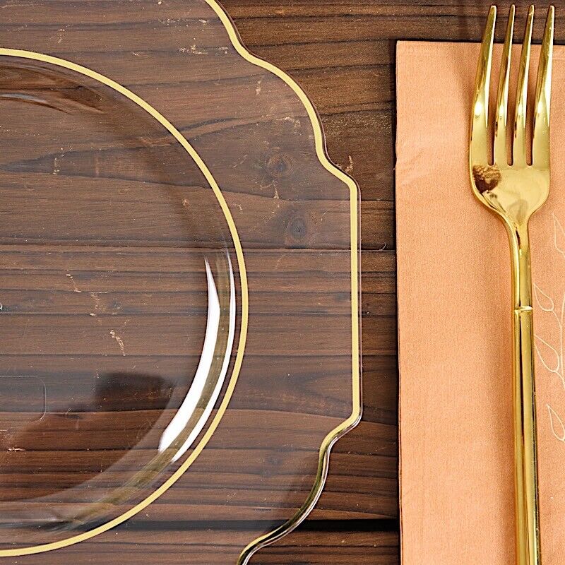 10 CLEAR 12&#x22; Baroque PLASTIC DINNER PLATES with Gold Rim