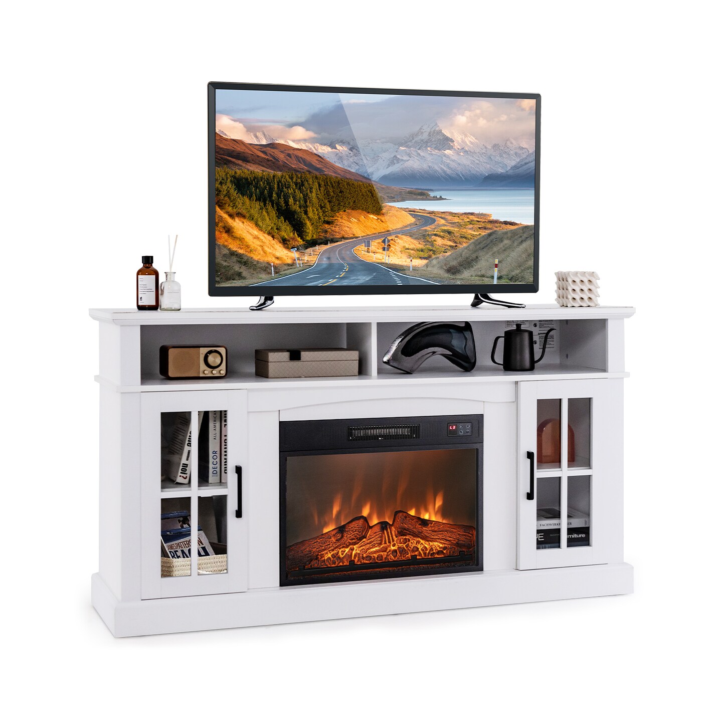 Tv Stand For Tvs Up To 65 Inch With Fireplace, Side Cabinets And Remote Control