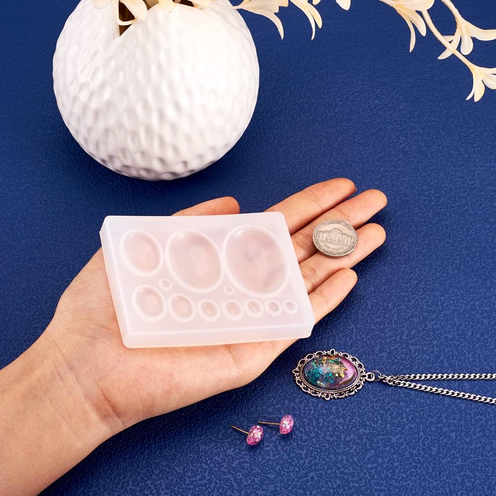 10 Cavities Cabochon Gems Silicone Mold Oval Beads Resin Casting Mold for Epoxy UV Resin DIY Craft Pendant Earring Keychain Jewelry Making, 3-38x2-28mm, 1 Pack