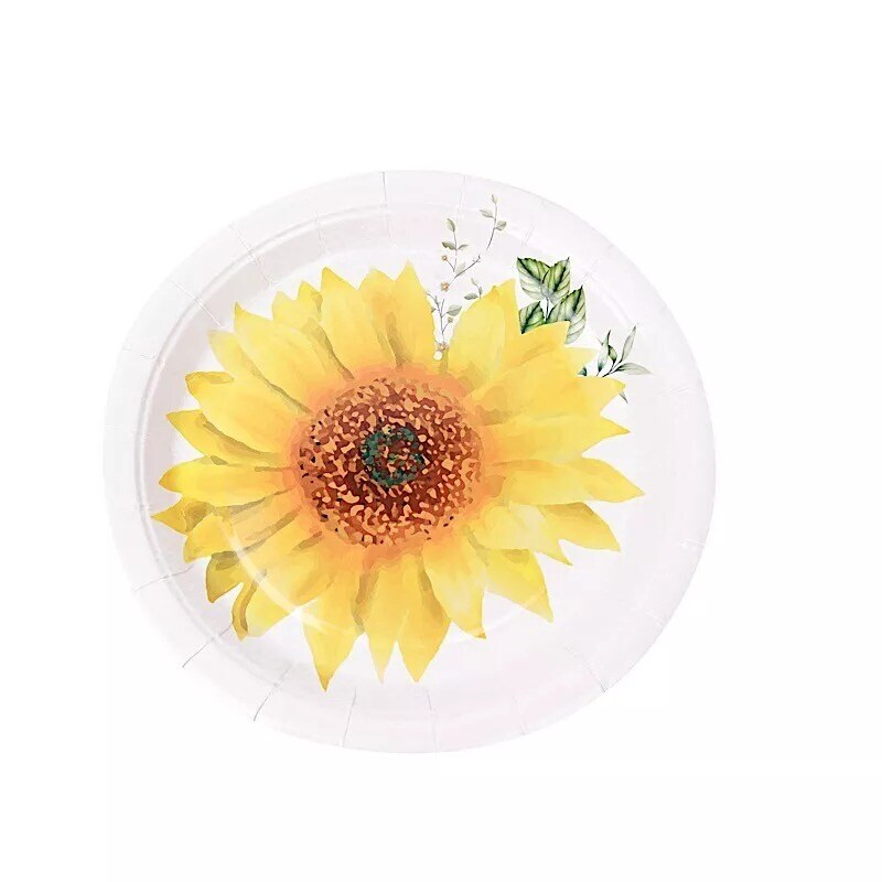 25 White 7&#x22; Round Paper Plates with Sunflower Design
