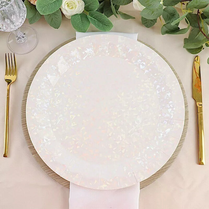25 IRIDESCENT Metallic Round 12&#x22; Paper Salad Dinner Plates Geometric Design