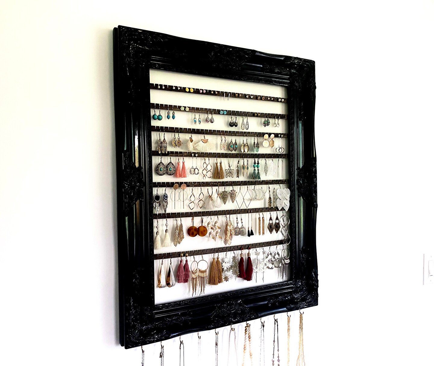 Display, jewelry holder, to hang earrings, bracelet, necklace. Made to be fixed to the wall. Made of cherry, hotsell black