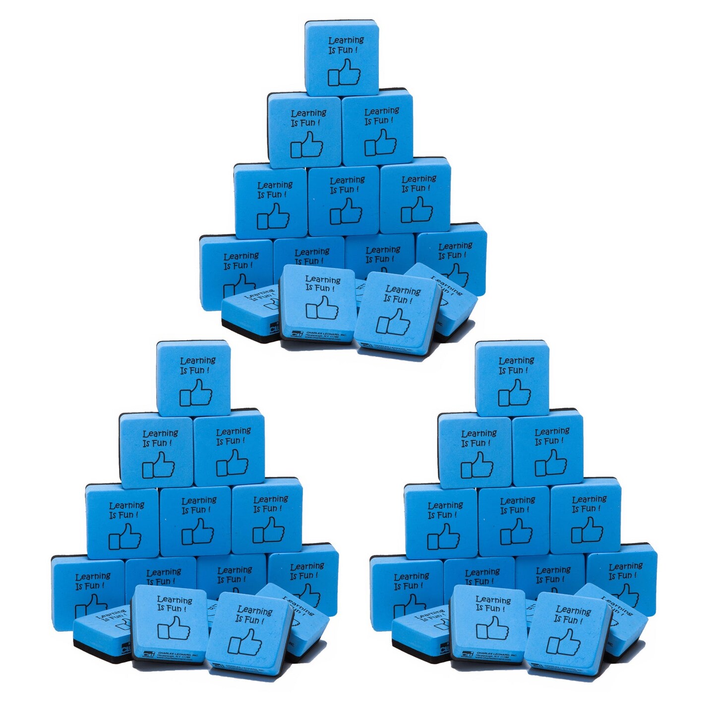 Mini Whiteboard Eraser, Felt/Foam, 2&#x22;x2&#x22; &#x22;Learning is Fun&#x22;, Blue/Black, 15 Per Pack, 3 Packs