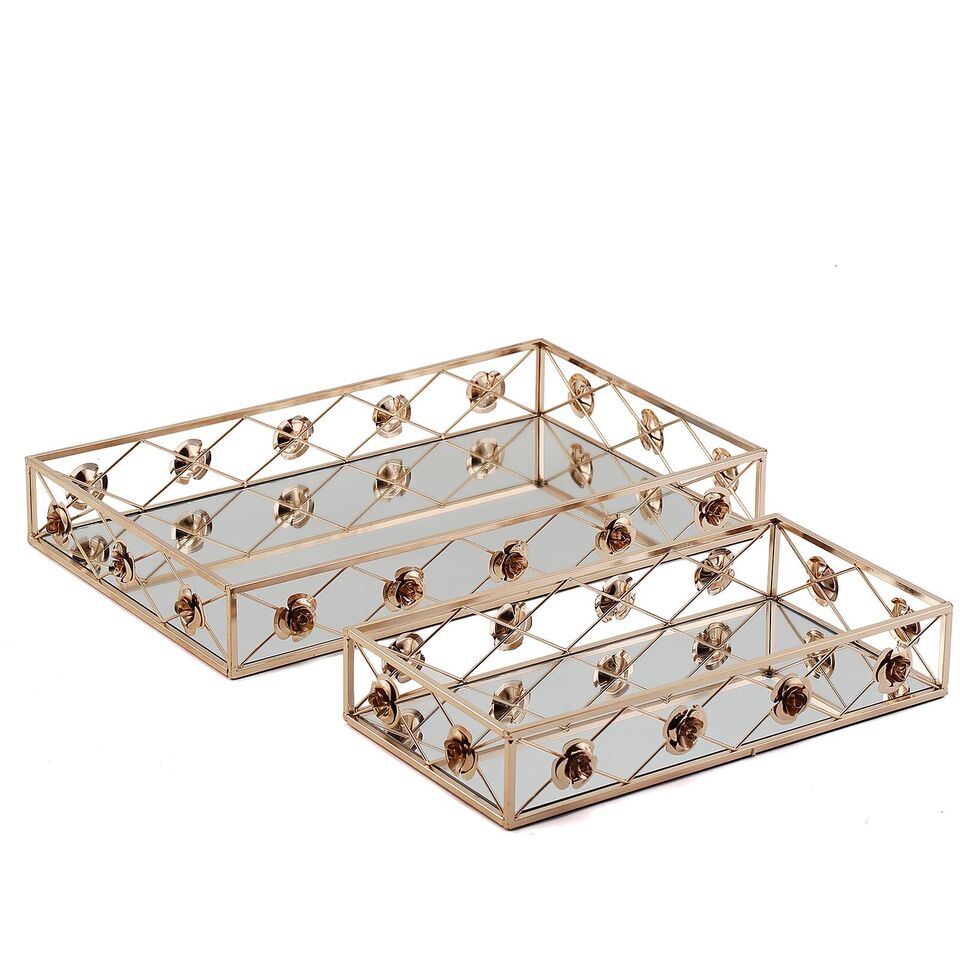 2 pcs Gold Mirrored Metal Rectangle Floral Trim Decorative Serving Trays