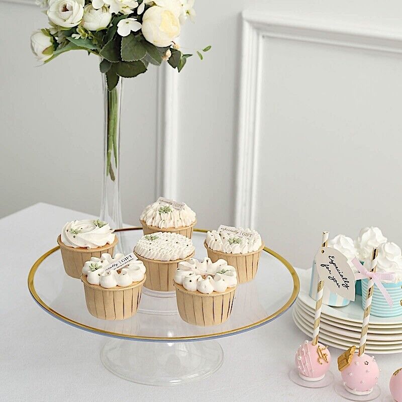 CLEAR 2 Round 12&#x22; Plastic CAKE STAND Dessert Display Riser Gold Rim