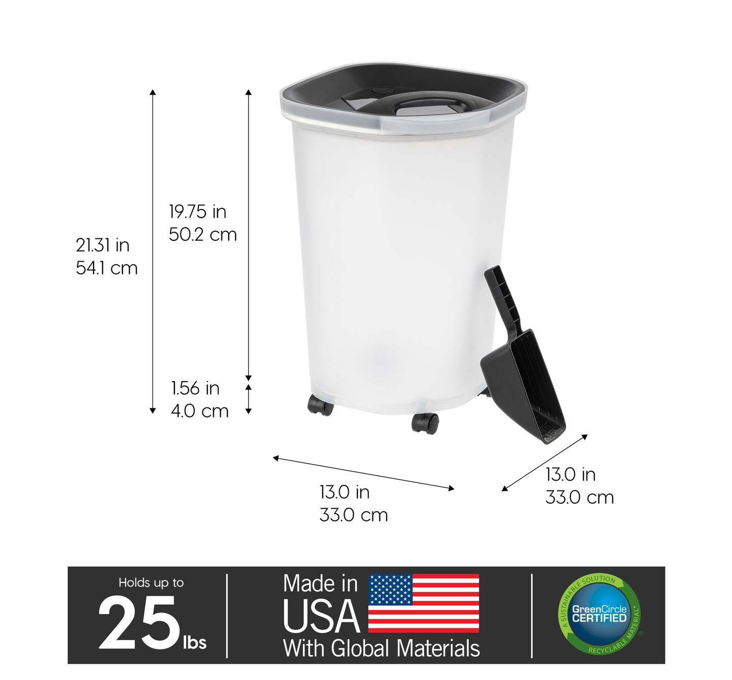 IRIS USA 25Lb/30Qt WeatherPro Airtight Pet Food Storage Container with Scoop and Casters
