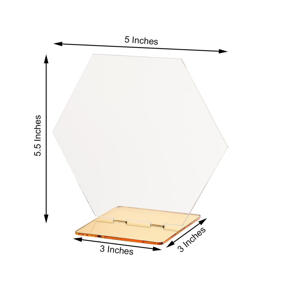 5 CLEAR GOLD 5&#x22; Hexagon ACRYLIC STANDS TABLE NUMBERS Holders