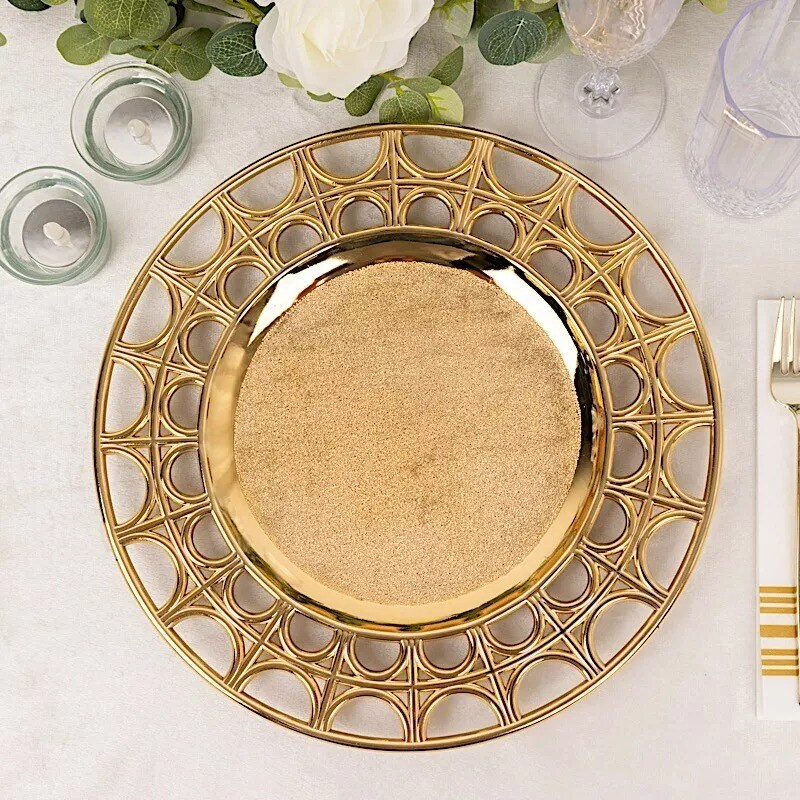 GOLD 6 Metallic 13&#x22; Acrylic Plastic CHARGER PLATES Hollow Semi Circle Rim