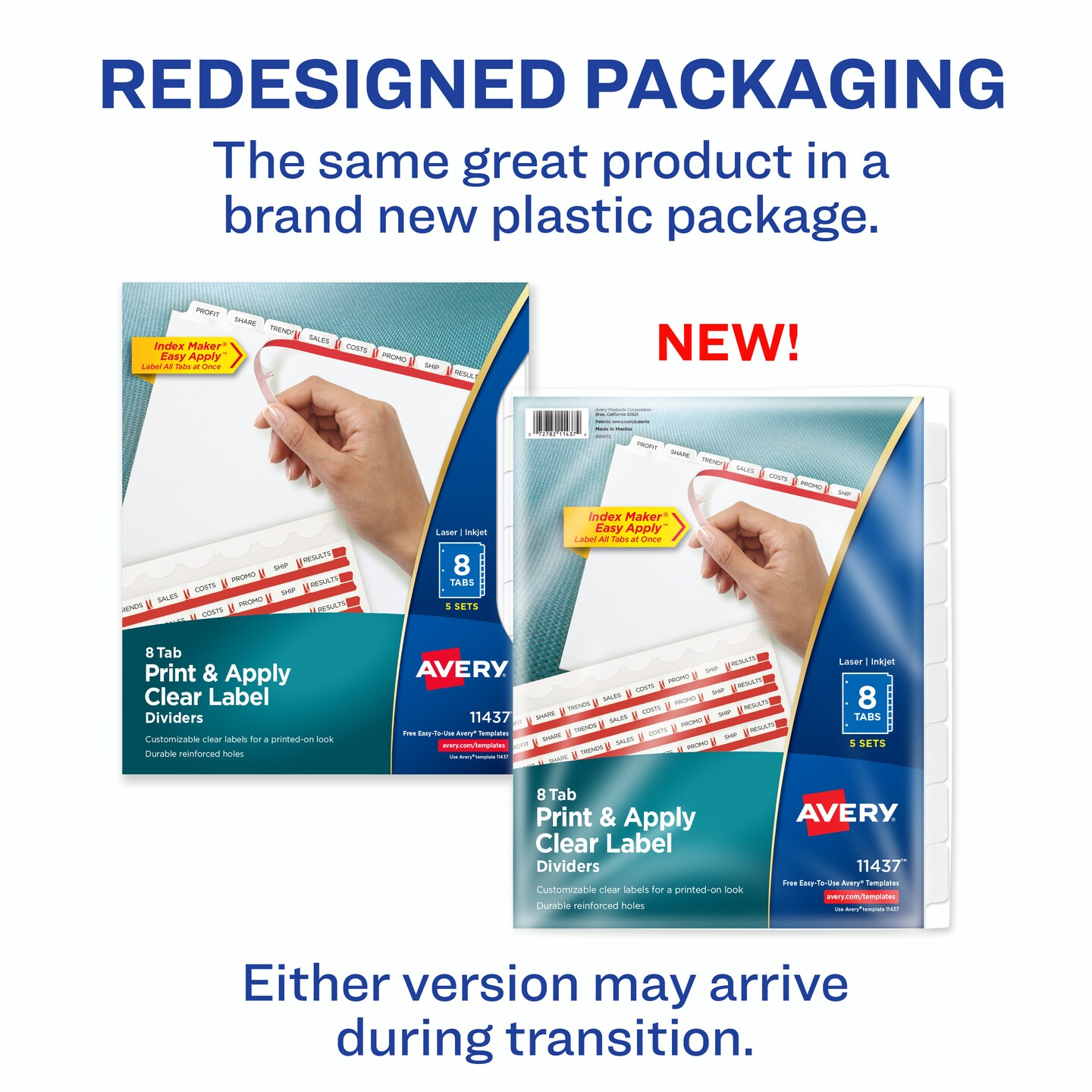 Avery 8 Tab Dividers for 3 Ring Binder, Easy Print & Apply Clear Label Strip, Index Maker Customizable White Tabs, 5 Sets (11437)