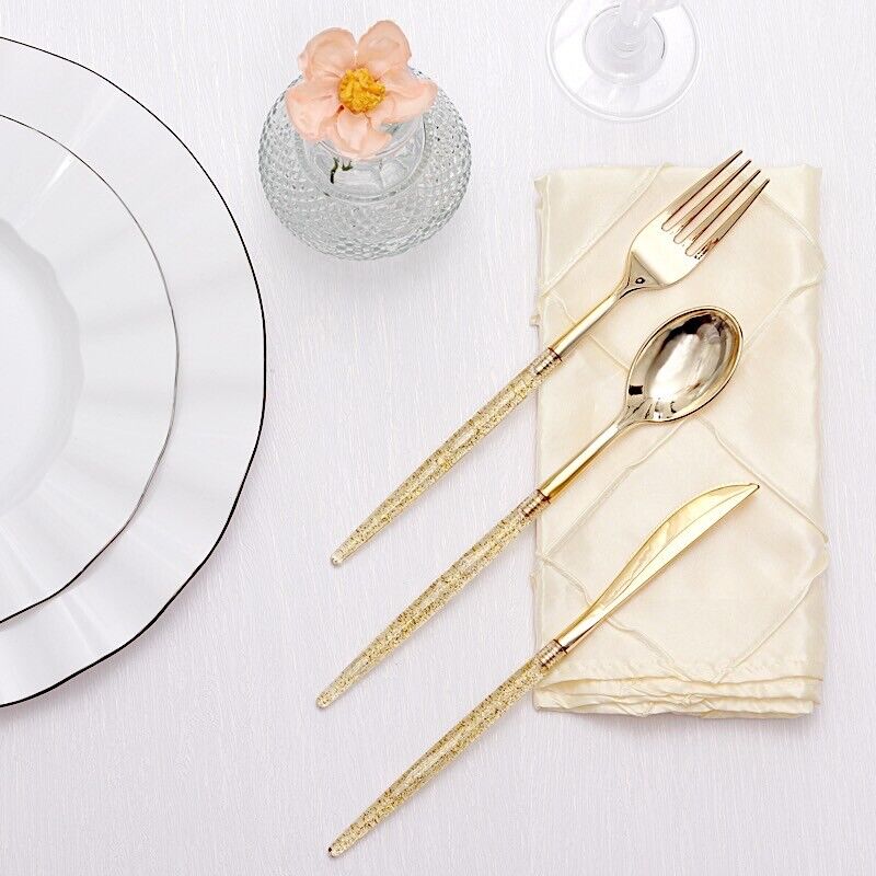 24 Gold Disposable Plastic CUTLERY Spoon Fork and Knife Set