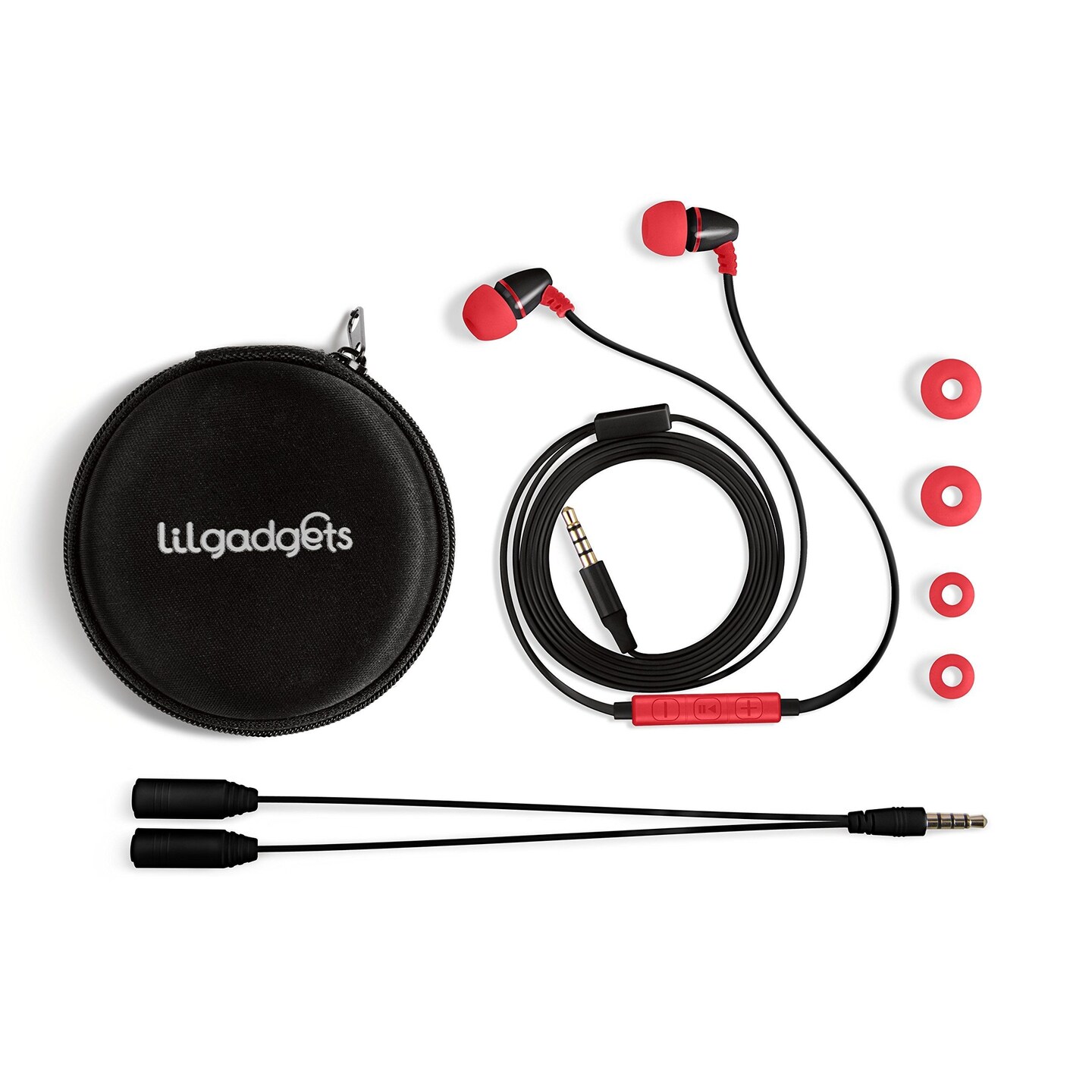 LilGadgets BestBuds Earphones Wired - Safe &#x26; Comfortable, Volume Limited, Wired Earbuds for Kids with an in-Line Microphone, Travel Case, and Splitter, Earbuds for School Kids with Case - Red/Black