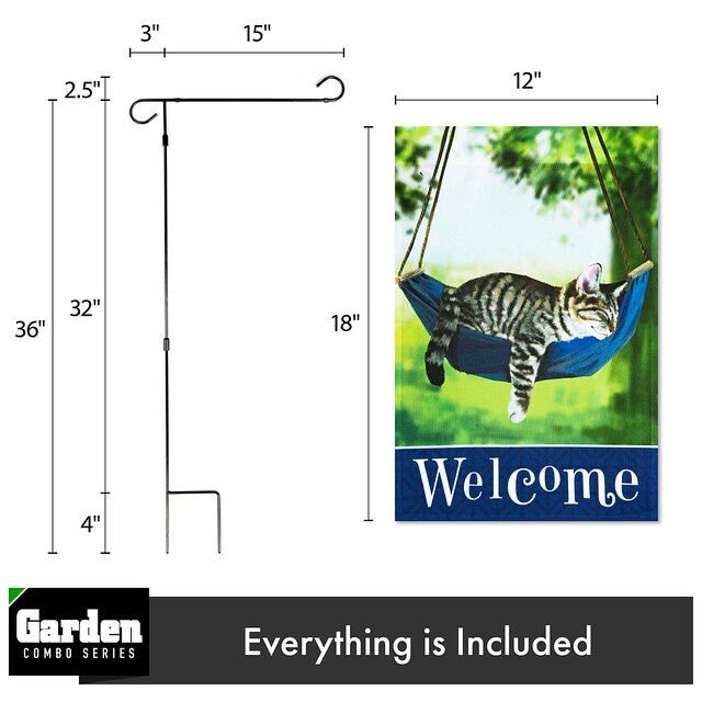 G128 Combo Pack: Garden Flag Stand Black 36x16 Inch &#x26; Garden Flag Welcome Sleeping Kitten 12x18 Inch