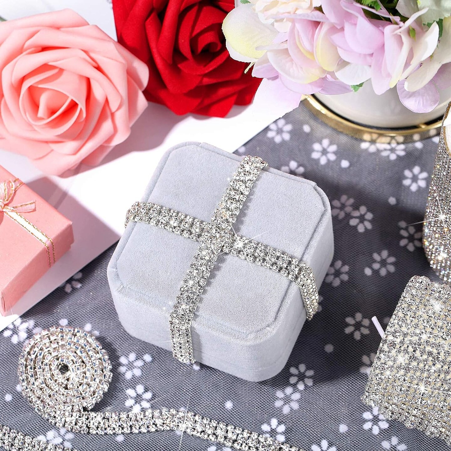 3 Rows Crystal Rhinestone Chain Rhinestone Strips Chain Trim for Sewing Craft, DIY, Wedding, Jewelry, Decoration (White Rhinestone with Silver Base,3 Yard x 0.47 Inch)