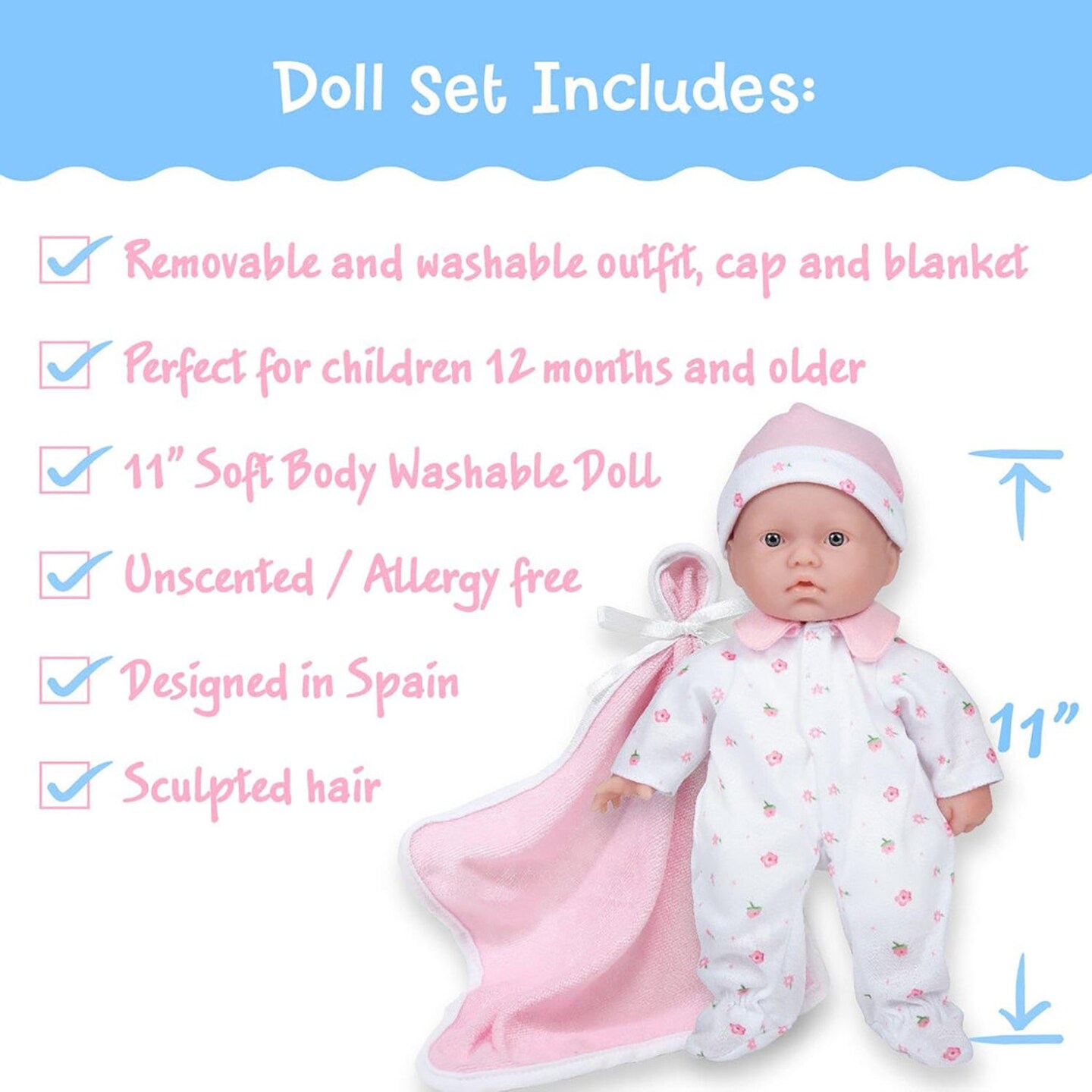 La Baby Soft 11&#x22; Baby Doll, Pink with Blanket, Caucasian