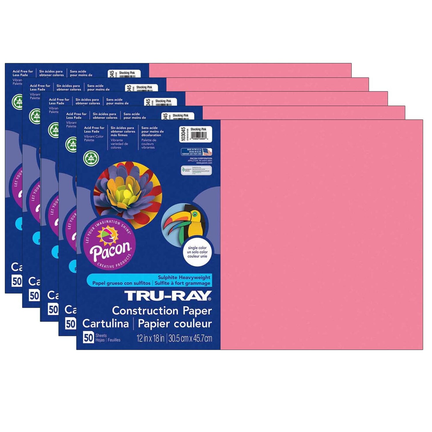 Construction Paper, Shocking Pink, 12&#x22; x 18&#x22;, 50 Sheets Per Pack, 5 Packs