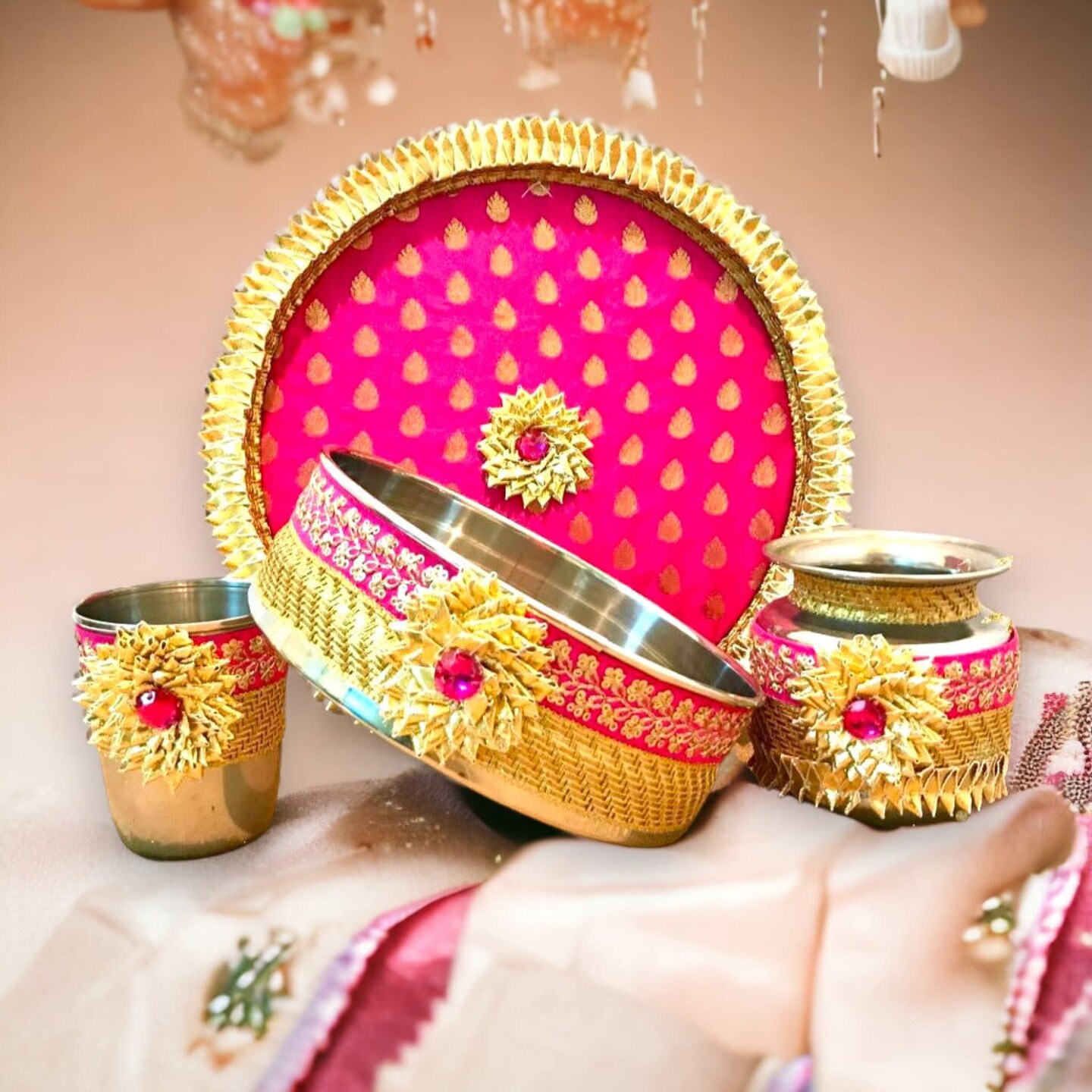 Karvachauth Ritual Kit | Indian Karwachauth newest Puja Thali Set | Karwa Chauth Pooja | Karwachoth Thali Channi Glass Lota Potli | Bridal Gift