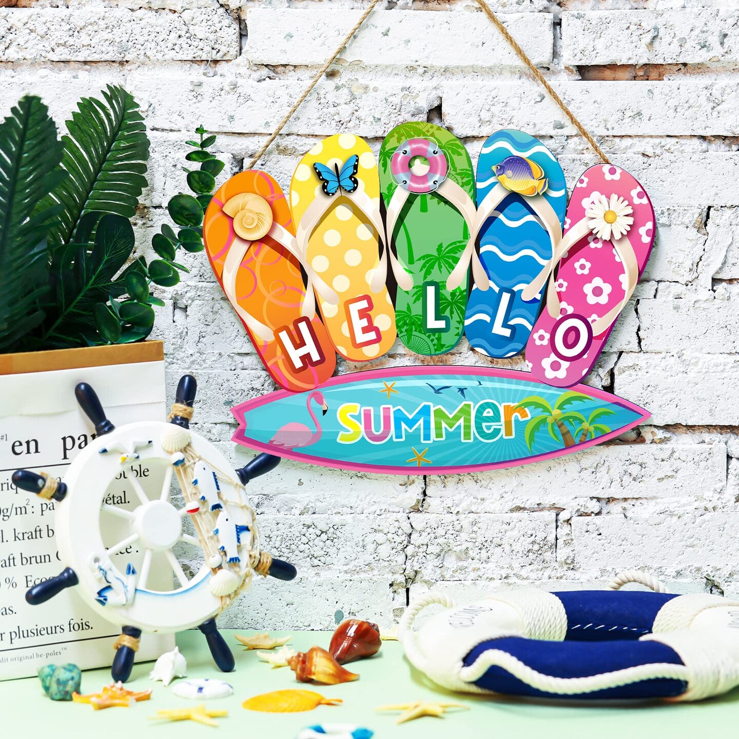 Summer Slippers Hanging Sign Shape Welcome Hello Flip Flop Wooden Door Sign Hanging Plaque Rustic Wall Sign Yard Indoor Outdoor Garden Decoration with Rope (Hello Summer)