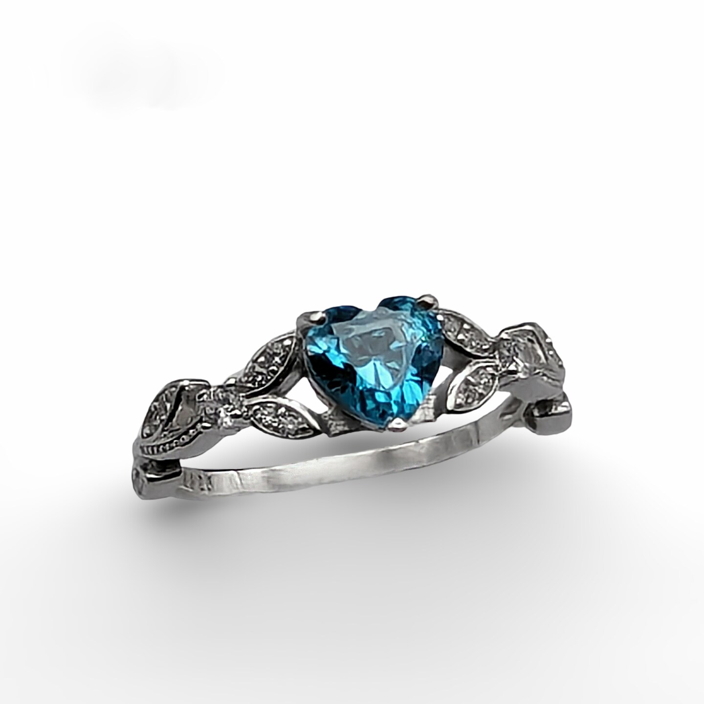 White Gold Blue Topaz Cubic Zirconia Heart Shaped Promise Ring, Engagement Ring, CZ Wedding Ring, December Birthstone product 2