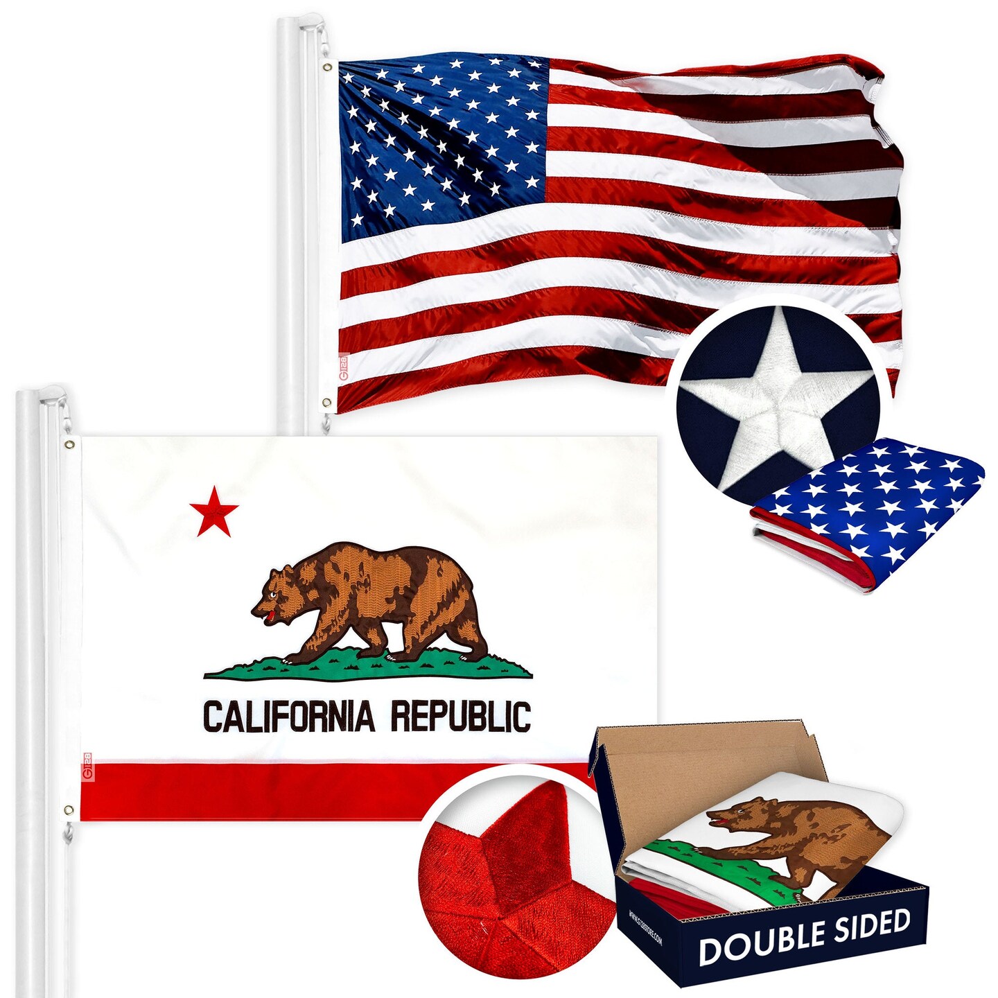 G128 Combo Pack: USA American Flag &#x26; California CA State Flag 4x6 Ft Double Sided Embroidered Polyester, Indoor/Outdoor, Brass Grommets