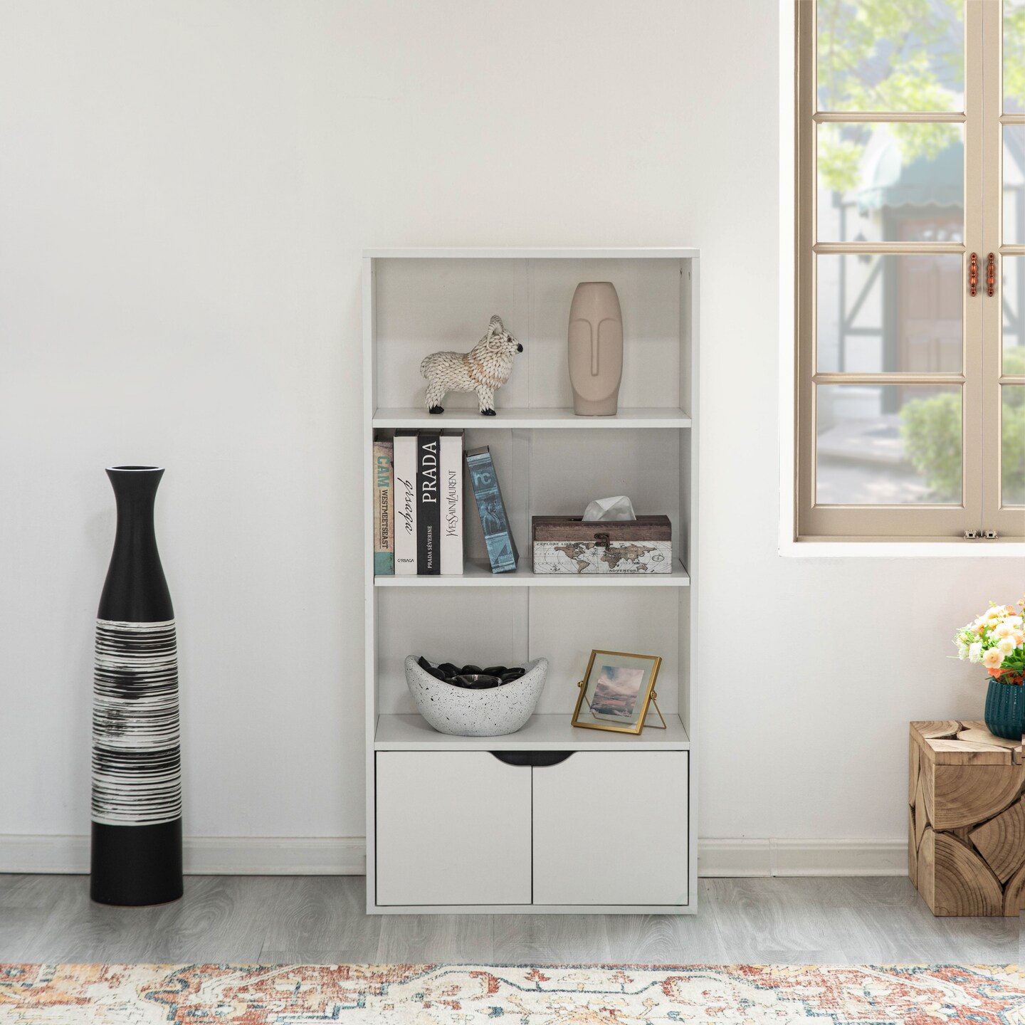 47 Inches Multi Purpose White 3 Tier Open Book Shelf and Bookcases with 2 Doors Storage Cabinet and 1 Adjustable Shelf - Ideal for Home Office, Living Room, Classroom, Study Room