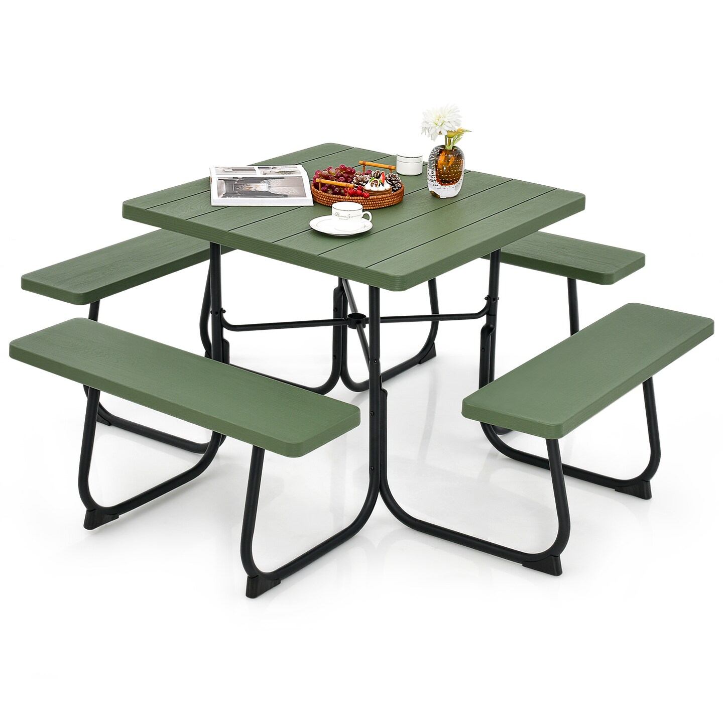 Outdoor Picnic Table With 4 Benches And Umbrella Hole