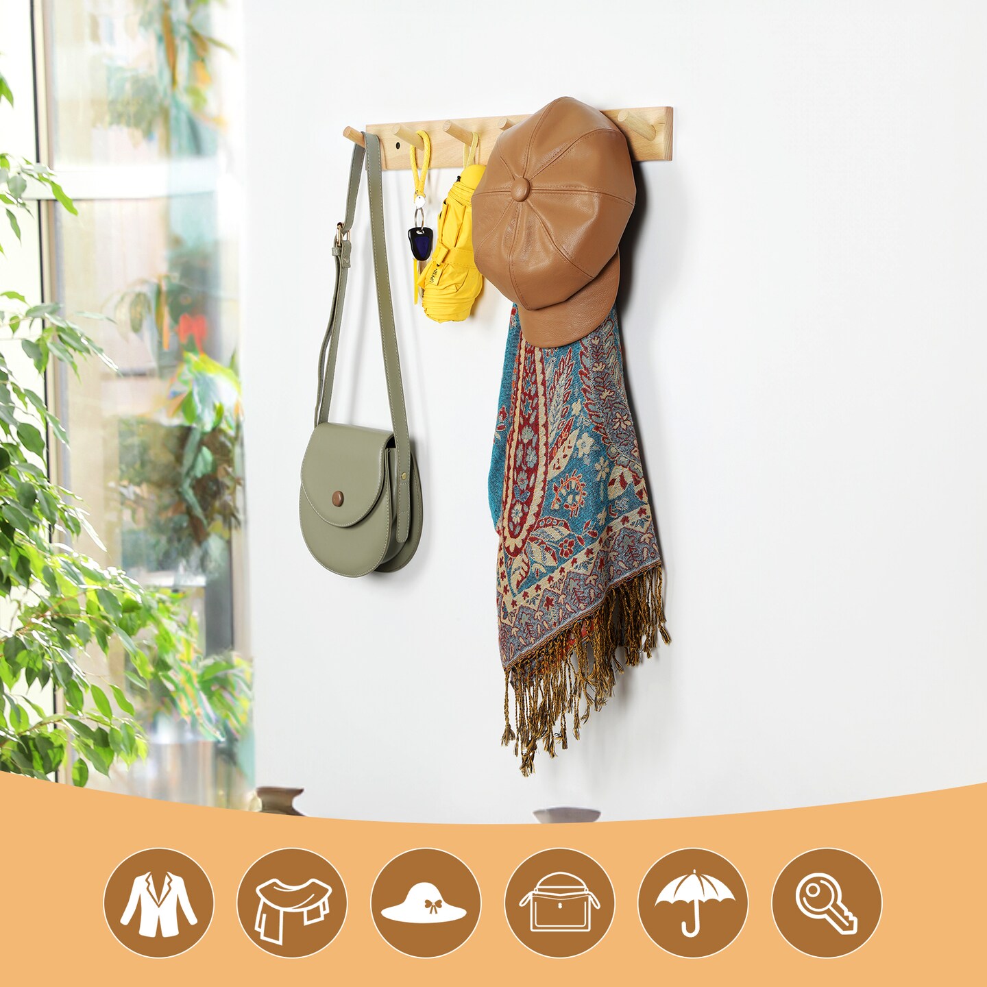 Wall Mounted Wood Coat and Hat Rack, 6 Hooks, Light Brown