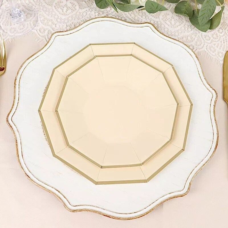 25 BEIGE 9&#x22; Decagon Salad Dinner Paper Plates Disposable Tableware