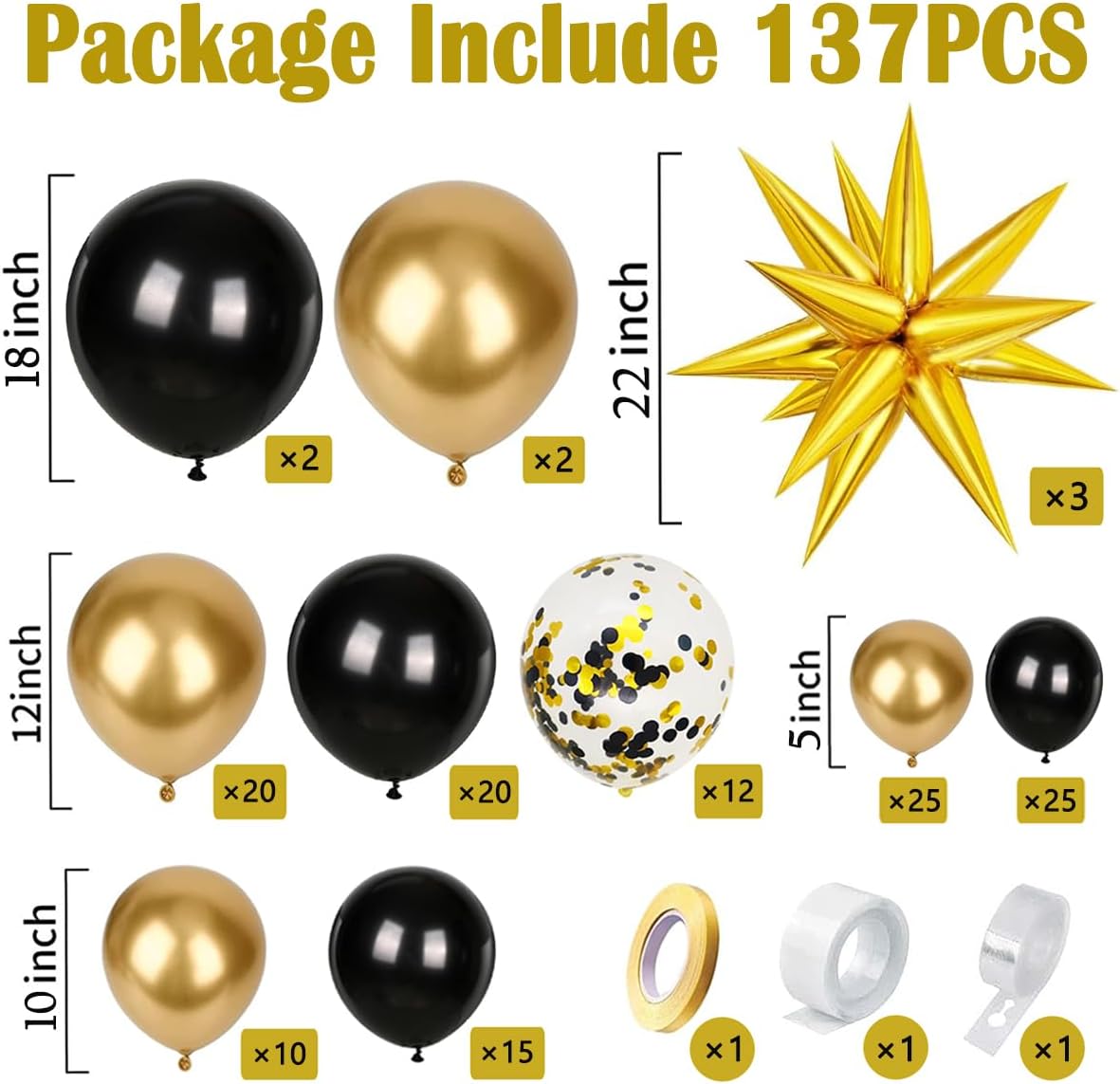 Black and Gold Balloons Garland Arch Kit, Black Gold Confetti Balloons with Starburst Balloons for 2024 Graduation Class Wedding Retirement Anniversary Birthday Party Decorations