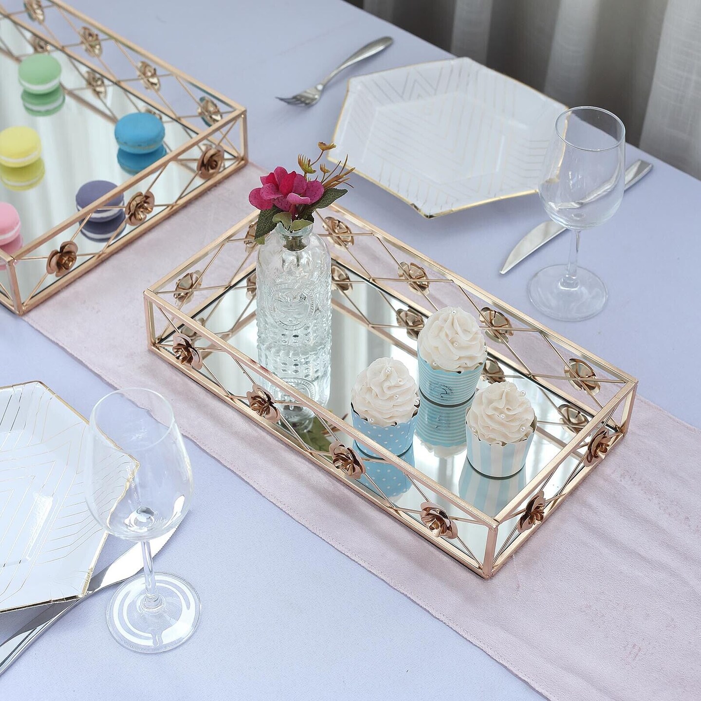 2 pcs Gold Mirrored Metal Rectangle Floral Trim Decorative Serving Trays