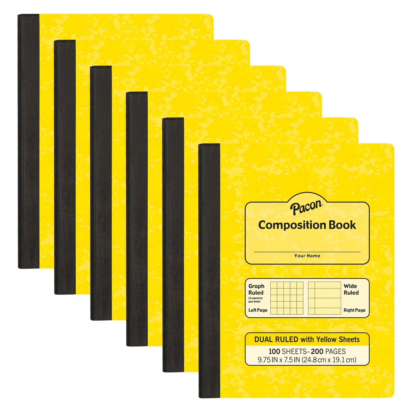Dual Ruled Composition Book, Yellow, 1/4 in grid and 3/8 in (wide) 9-3/4&#x22; x 7-1/2&#x22;, 100 Sheets, Pack of 6