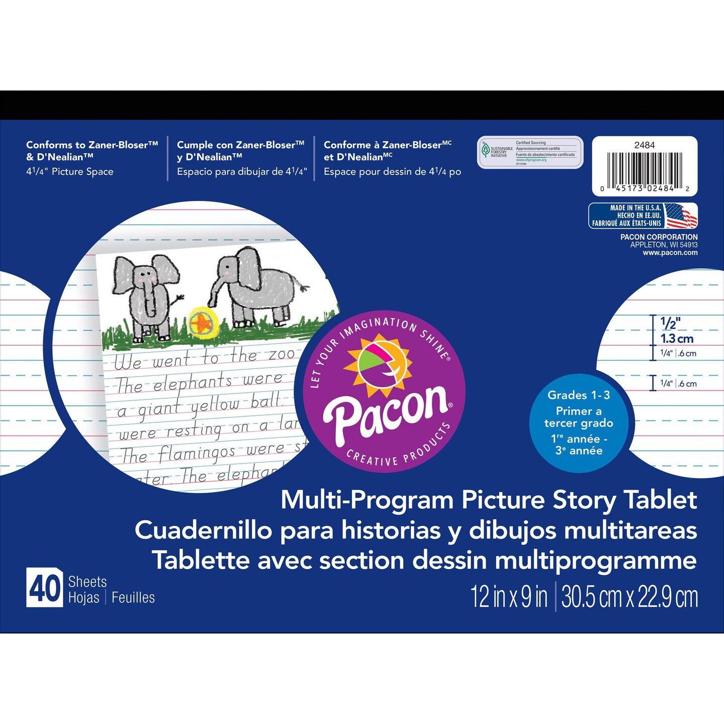 Multi-Program Handwriting Tablet, D&#x27;Nealian/Zaner-Bloser, 1/2&#x22; x 1/4&#x22; x 1/4&#x22; Ruled &#x26; 4-1/4&#x22; Picture Story Space, 12&#x22; x 9&#x22;, 40 Sheets, Pack of 6