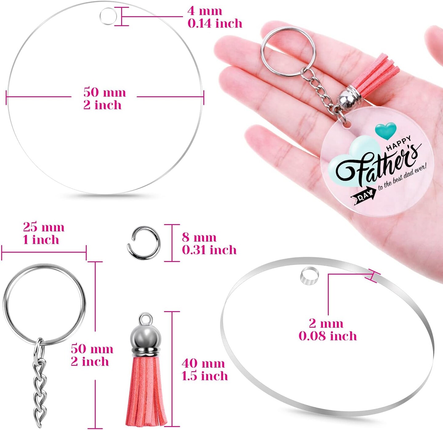 120pcs Acrylic Keychain Blanks for Vinyl Kit Including 30pcs Clear Acrylic Blanks, 30pcs Keychain Tassels, 30pcs Key Rings and 30pcs Jump Rings for DIY Key Chain Vinyl Crafting