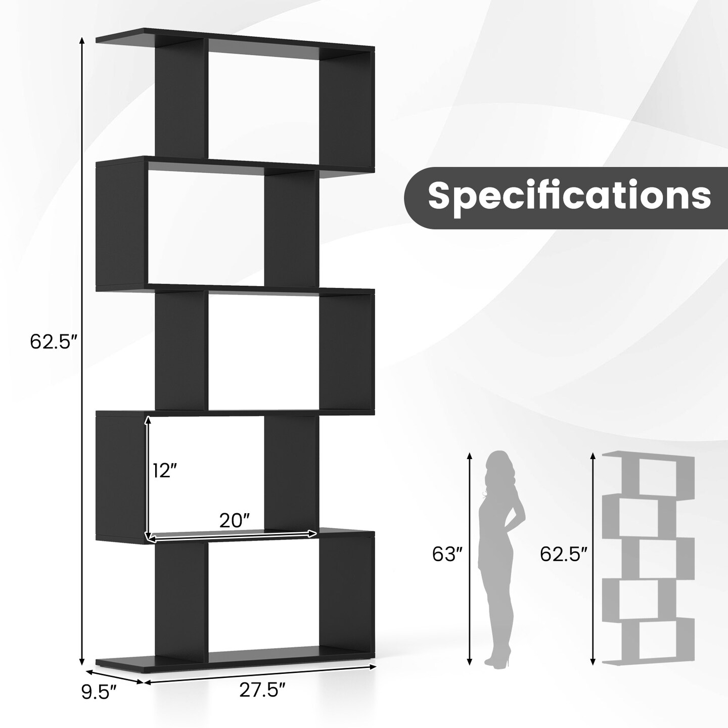 5-tier Bookshelf With Anti-toppling Device For Living Room Home Office