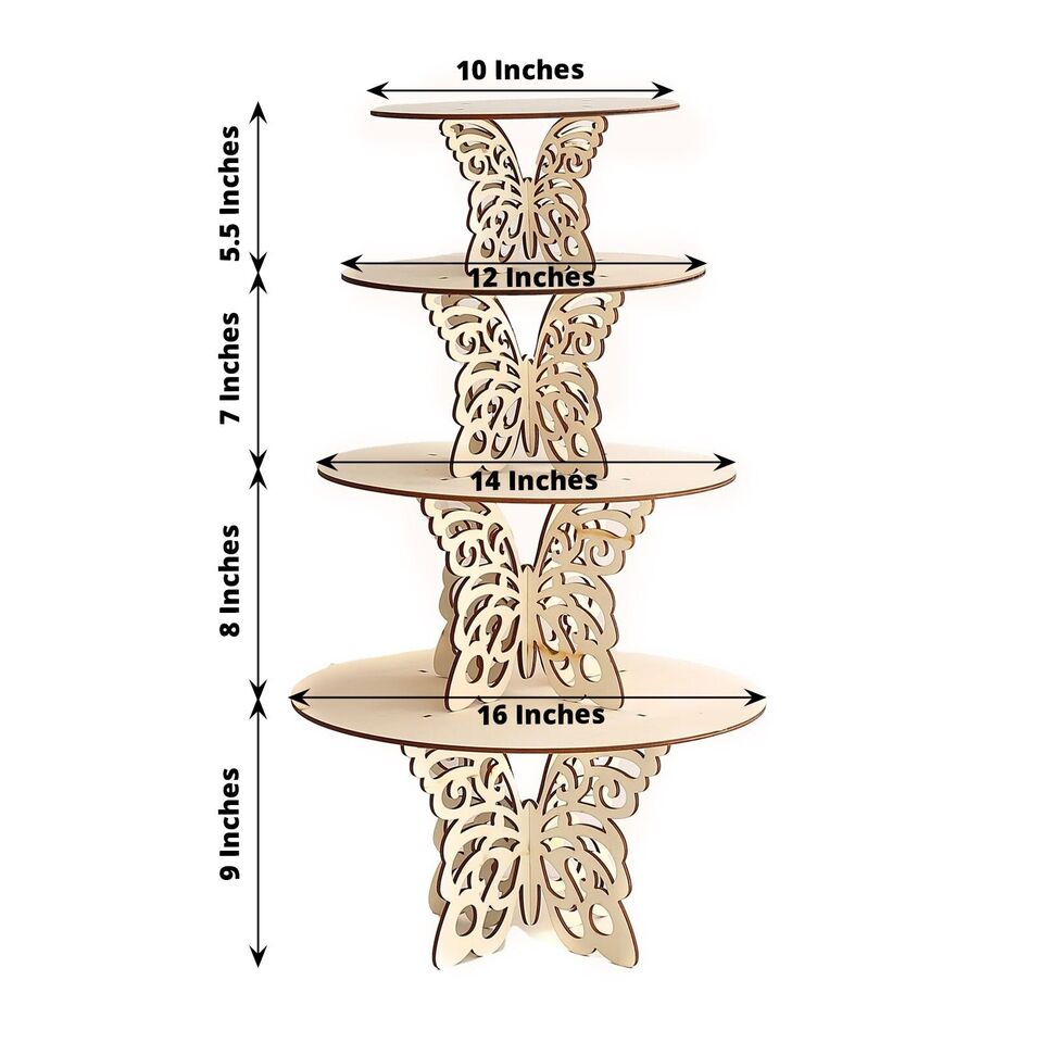 4 NATURAL Wooden Dessert CAKE STAND Laser Cut Butterfly Design