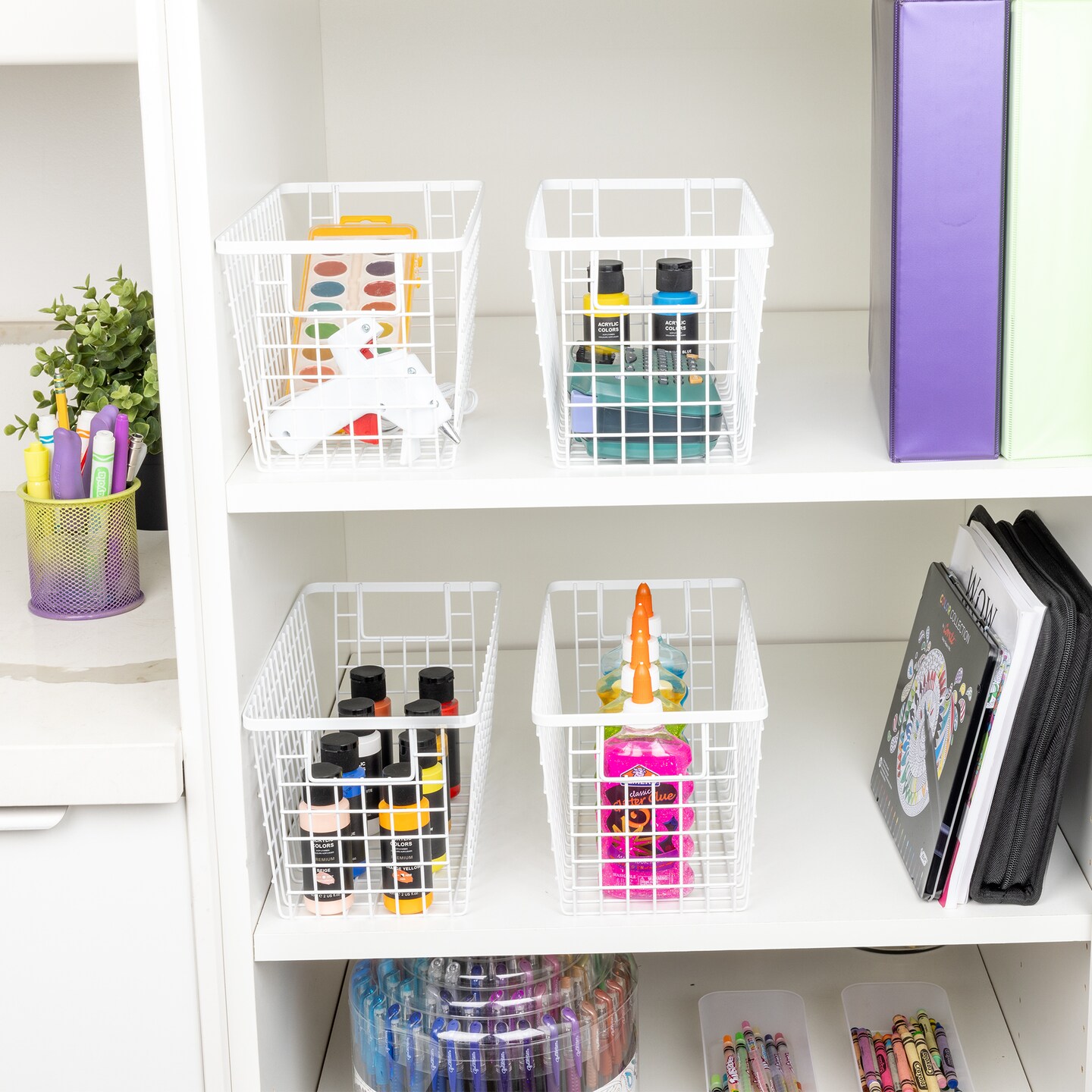 Smart Design Nestable Basket Organizer with Handles - Steel - 6 x 12 x 6 - White - Set of 4