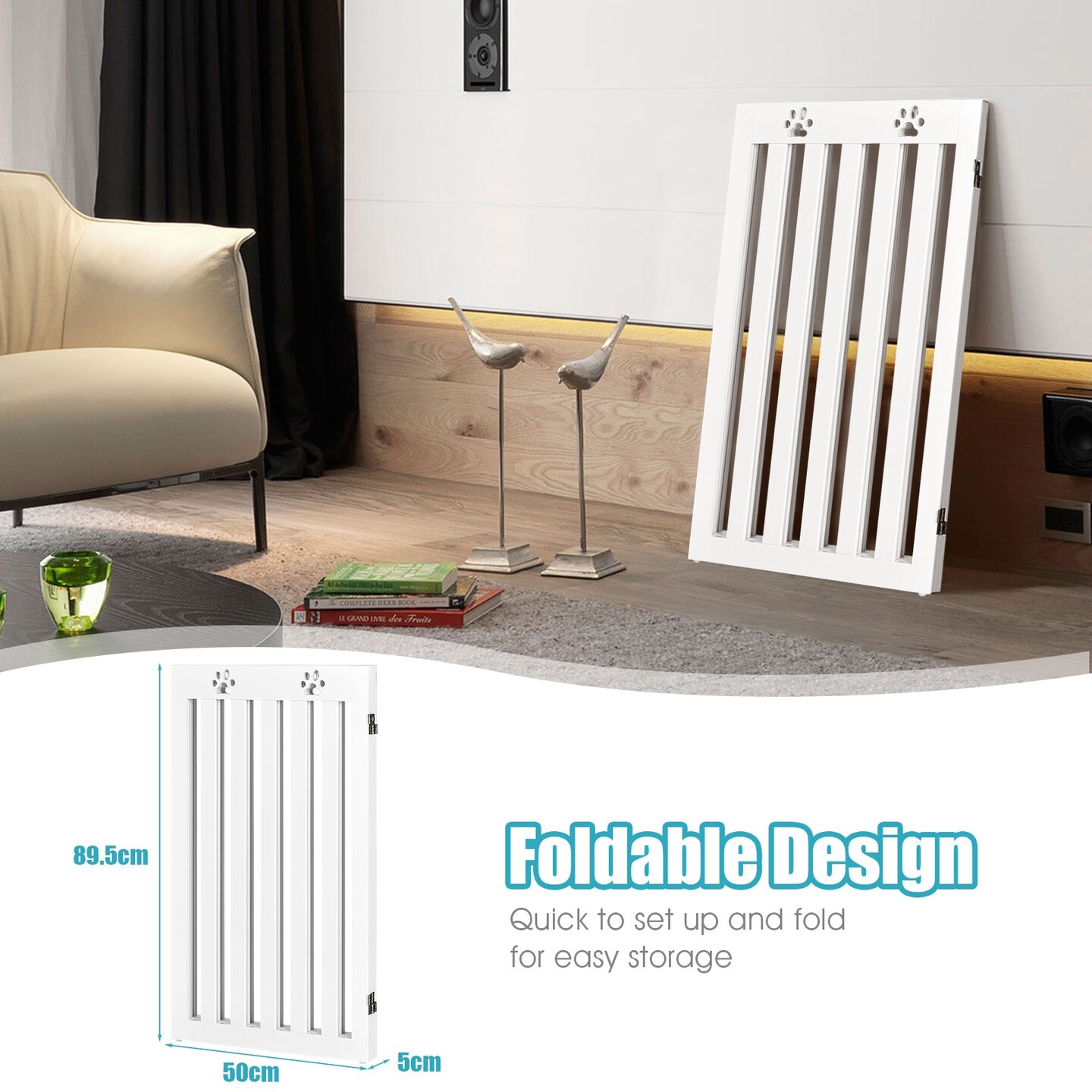 36 Inch Folding Wooden Freestanding Pet Gate Dog Gate with 360&#xC2;&#xB0; Flexible Hinge-White