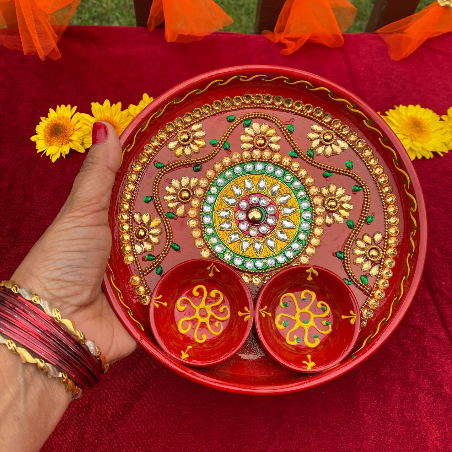 Rhinestone Pooja Aarti Thali with Bowls Meenakari Work Red Painted Handmade Stylish Platter Haldi Kumkum Thali Ganesh Pooja Teej Diwali Pooja Thali Housewarming Gift