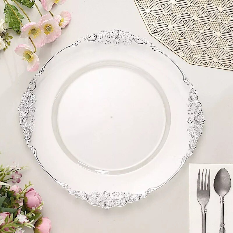6 CLEAR 13&#x22; Round with SILVER Embossed Rim Charger Plates