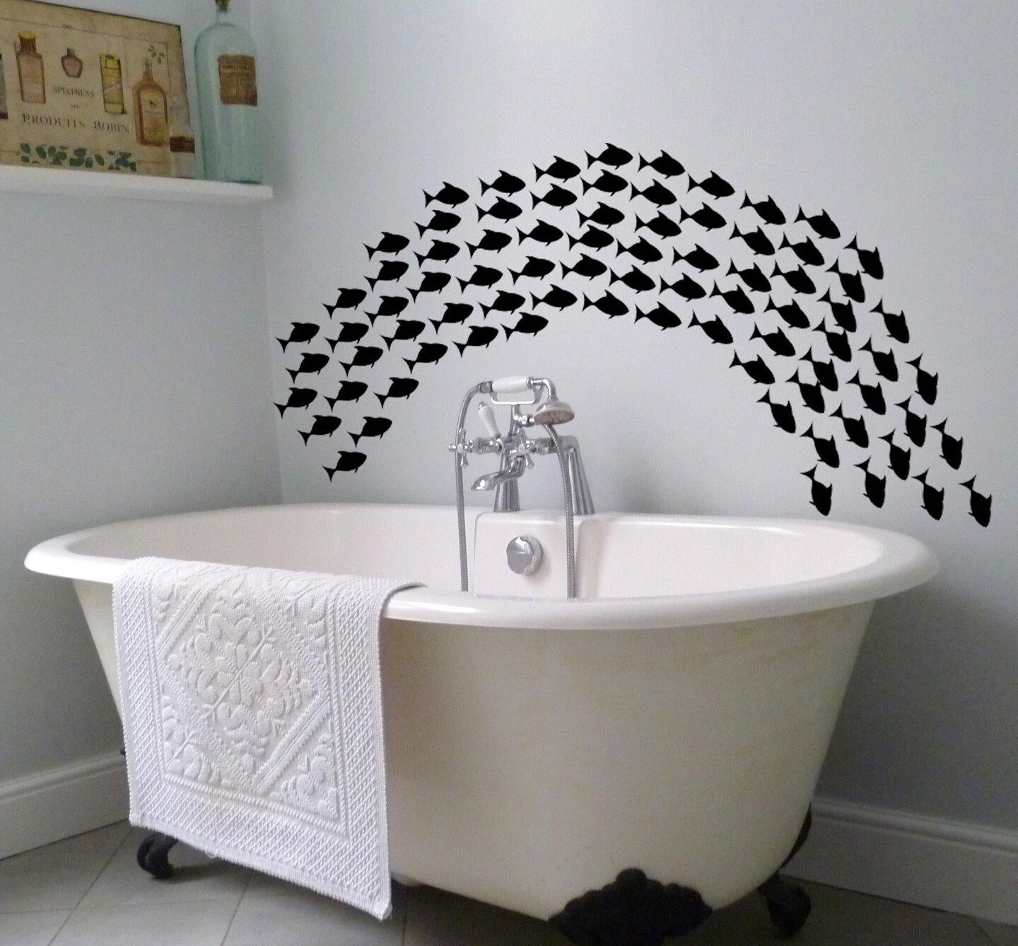 (100 Fish Stickers) Vinyl Wall Decals Flock of Fish   School of Fishes Bath Decor Art Stickers   Under The Sea Creature Bathroom Mural