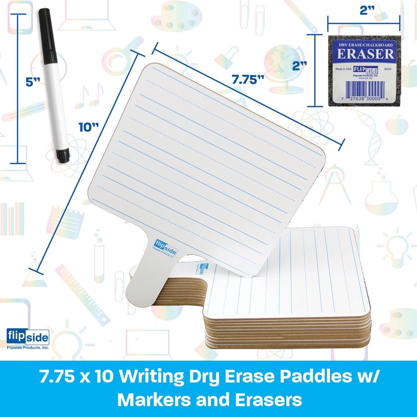 Two-Sided Rectangular Dry Erase Writing Paddles, Pens, and Erasers, Class Pack of 12