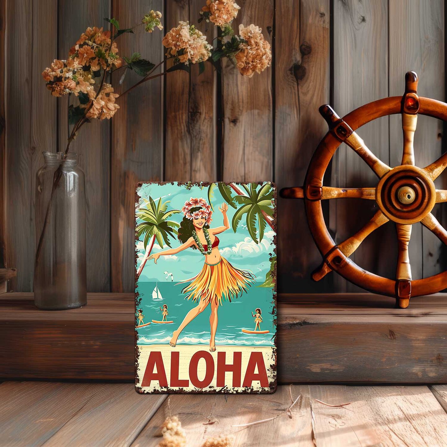 Plaque Murale En Bois Mahi Mahi Dauphin – Style Tropical, Aspect Brossé Blanchi, Décoration Tiki