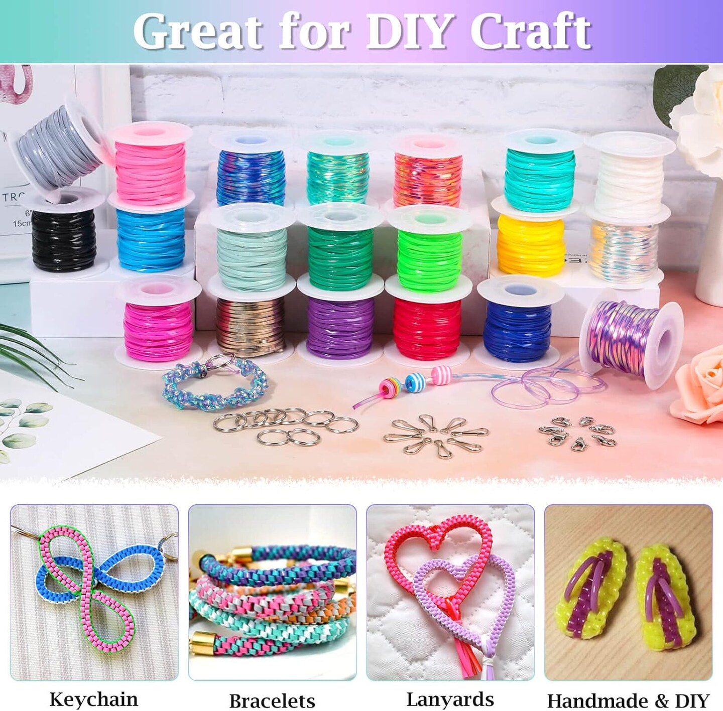 Lanyard String, Boondoggle String Kit with 20 Rolls Plastic Lacing Cord and 50Pcs Keychain lanyard Accessories, Gimp String Lanyard Weaving Kit for Keychain Crafts, Bracelet and Lanyards