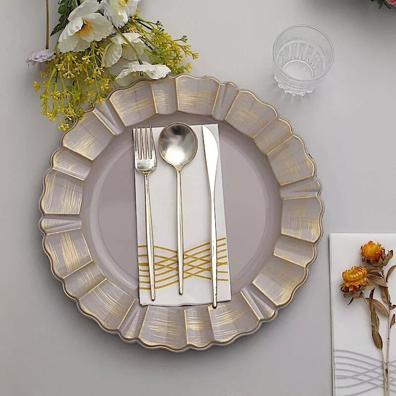24 NUDE GOLD 13&#x22; Round Scalloped Trim Charger Plates