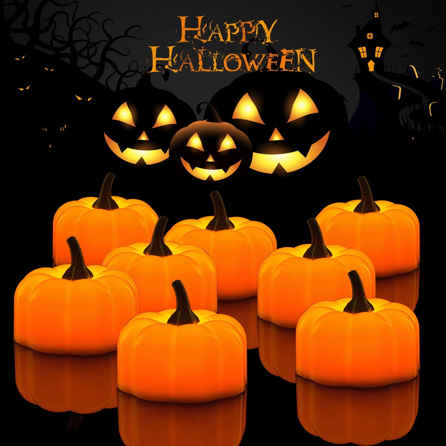 12 Pack LED Pumpkin Halloween  Lights, Jack-O&#x27;-Lantern, Small Orange Flickering Tea Lights, for Halloween, Fall Festival Decorations