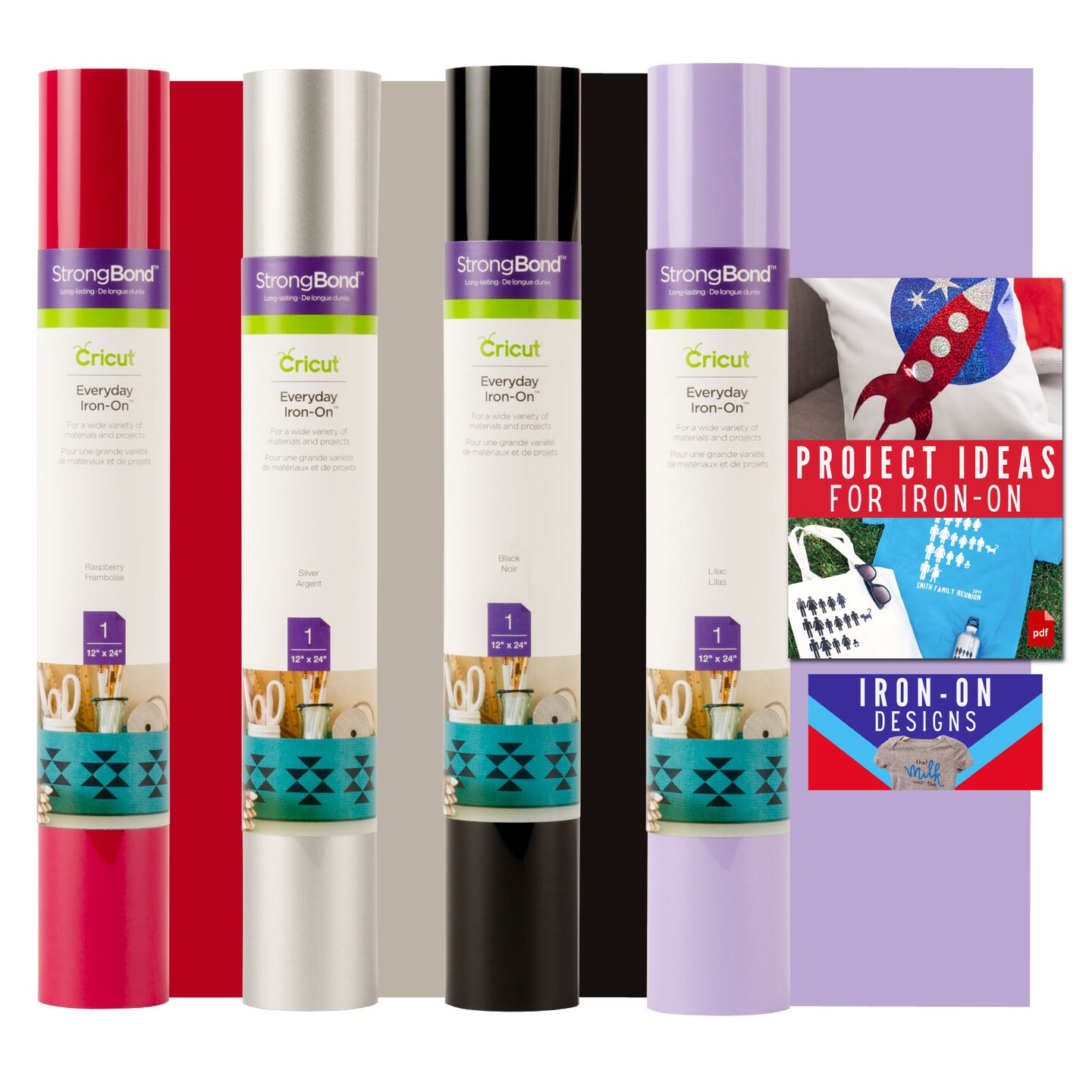 Cricut Everyday Strongbond Iron On Vinyl Rolls Bundle- Purple, Pink, Silver, Black