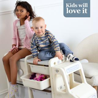 Toy Stoarge Organizer for Kids Toy Shelf Organizer for Kids Perfect Toys Storage Solution Toy Bin Storage Organizer with 4 Plastic Bins Kids Multi Storage Organizer for Books and Toys.