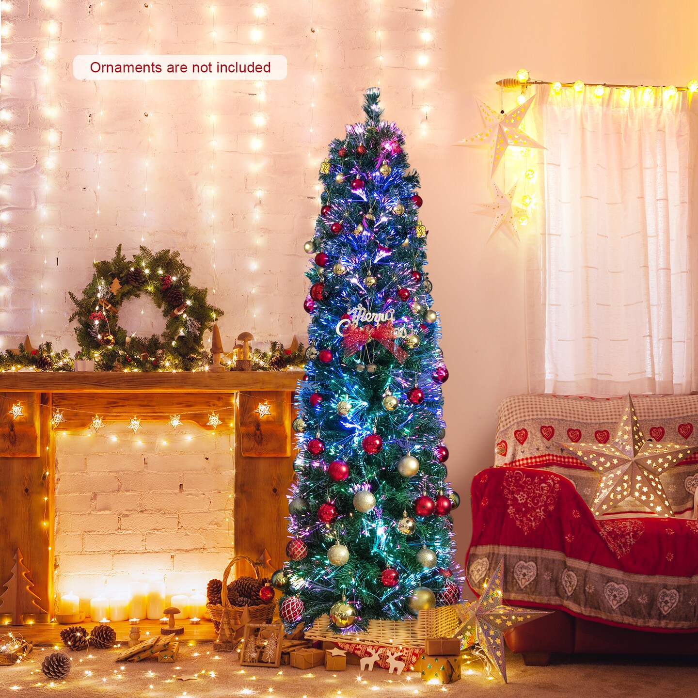 Pre-lit Christmas Pencil Tree With Colorful Fiber Optics Green