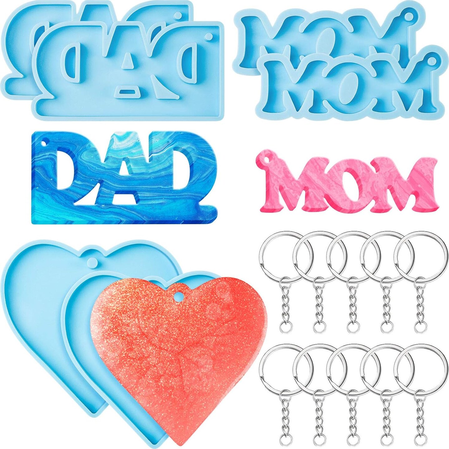 6 Pieces Mom Dad Keychain Resin Molds Silicone Mom Dad Letter Keychain Molds Heart Shape Keychain Pendant Mold with 10 Pieces Key Rings for DIY Keychain Jewelry Home Decorations Making Supplies