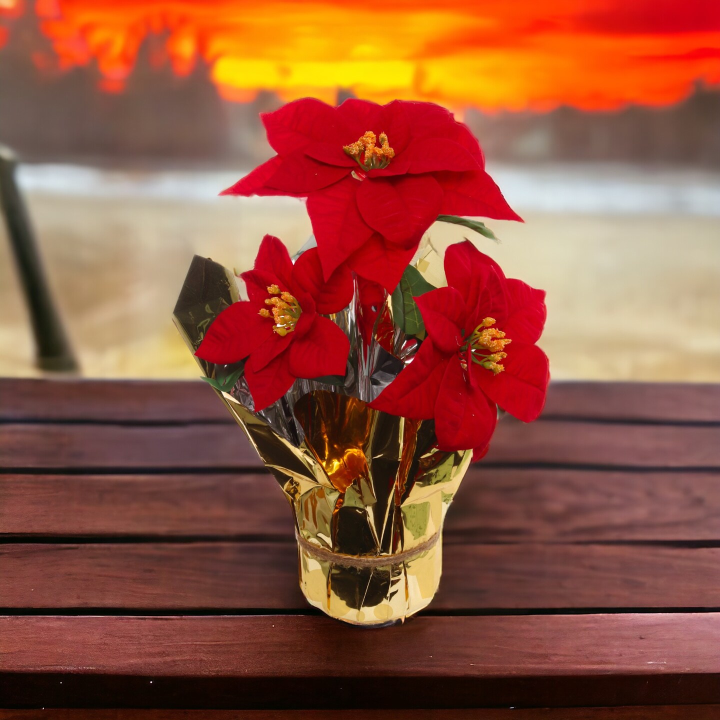 Red Velvet Poinsettia Bush with 3 Silk Flowers in Gold FoiL - Lifelike Holiday Decor | Elegant Centerpiece for Tabletop & Mantel | Perfect Festive Christmas Accent - 2024 Christmas Collection, Floral Home by Artificial Flowers