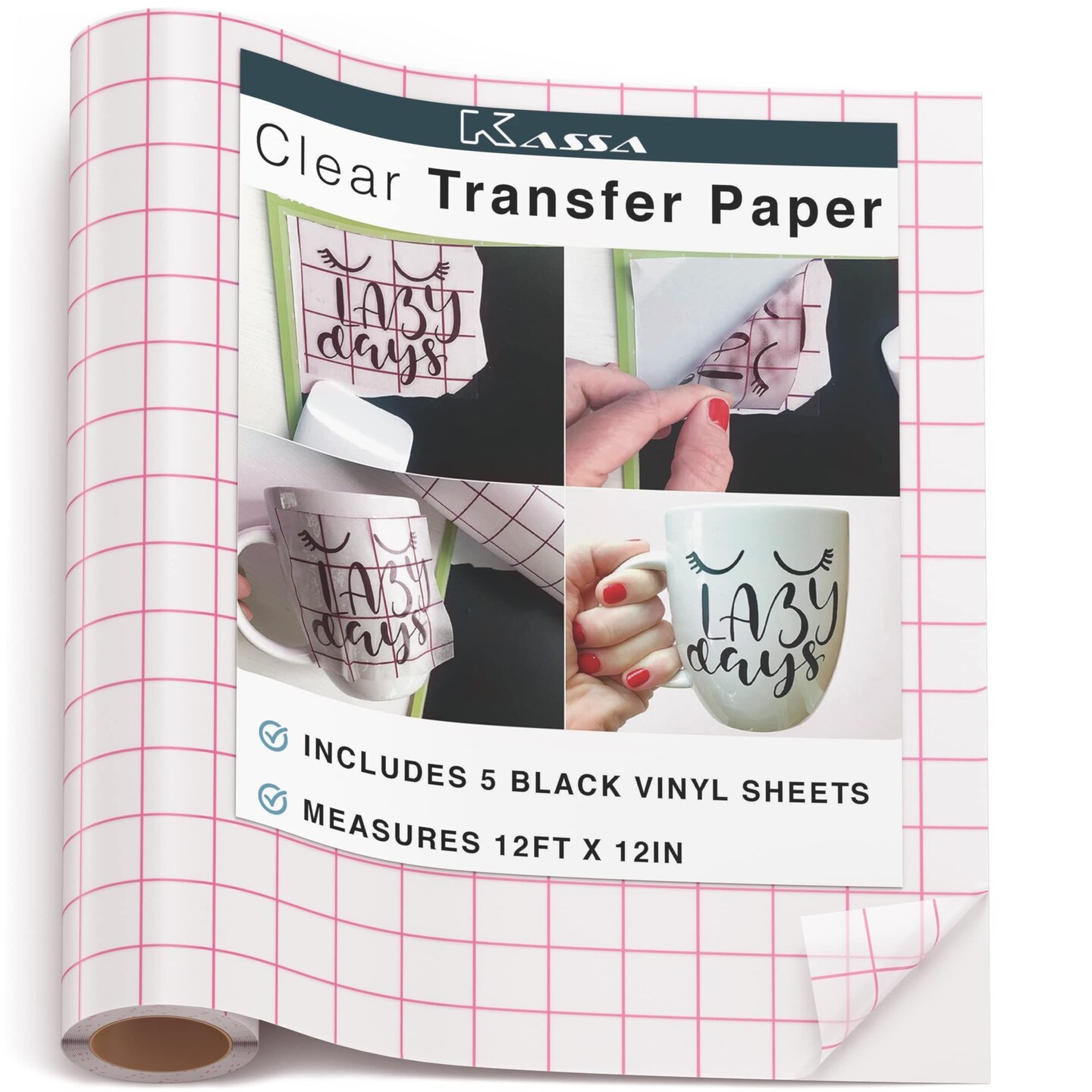 Kassa Transfer Tape Roll for Vinyl - Clear | 12 in x 12 ft, 5 Black Vinyl Sheets Included | Compatible with Cricut, Silhouette &#x26; Other Cutting Machines | For DIY Art Projects, Styling &#x26; Decorating